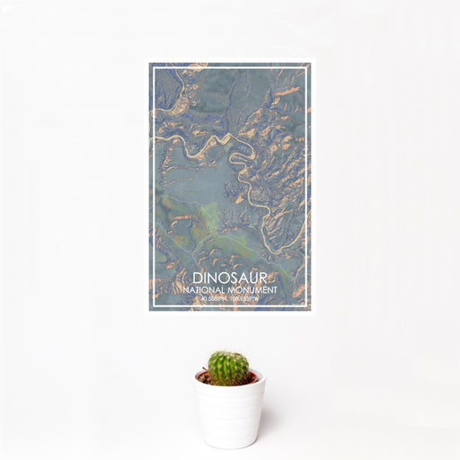 12x18 Dinosaur National Monument Map Print Portrait Orientation in Afternoon Style With Small Cactus Plant in White Planter