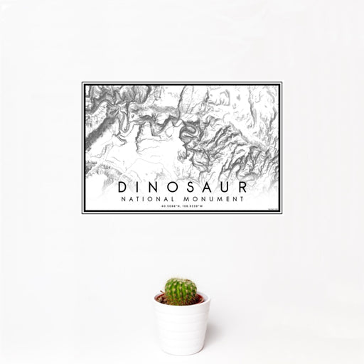 12x18 Dinosaur National Monument Map Print Landscape Orientation in Classic Style With Small Cactus Plant in White Planter