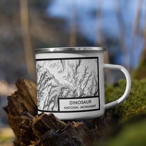 Right View Custom Dinosaur National Monument Map Enamel Mug in Classic on Grass With Trees in Background
