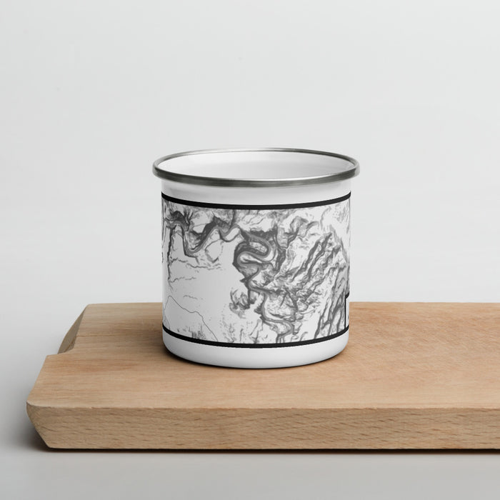 Front View Custom Dinosaur National Monument Map Enamel Mug in Classic on Cutting Board