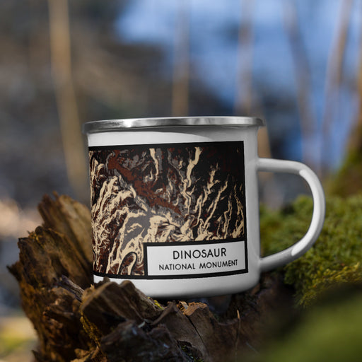 Right View Custom Dinosaur National Monument Map Enamel Mug in Ember on Grass With Trees in Background