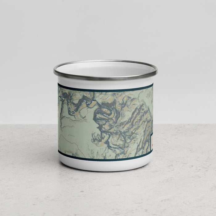 Front View Custom Dinosaur National Monument Map Enamel Mug in Woodblock