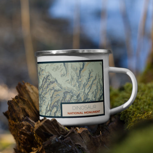 Right View Custom Dinosaur National Monument Map Enamel Mug in Woodblock on Grass With Trees in Background