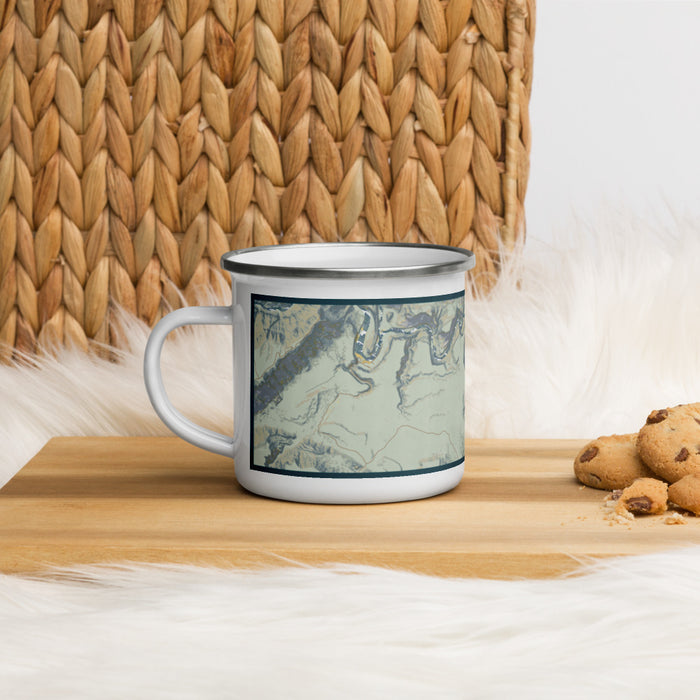 Left View Custom Dinosaur National Monument Map Enamel Mug in Woodblock on Table Top