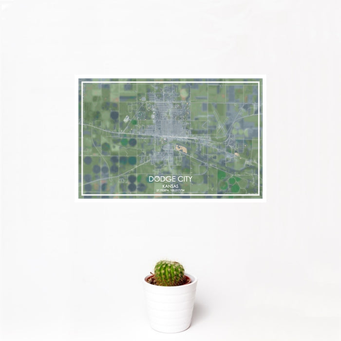 12x18 Dodge City Kansas Map Print Landscape Orientation in Afternoon Style With Small Cactus Plant in White Planter