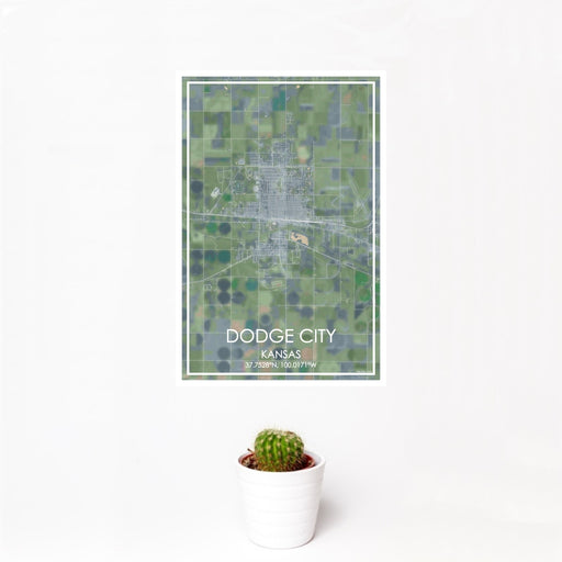 12x18 Dodge City Kansas Map Print Portrait Orientation in Afternoon Style With Small Cactus Plant in White Planter