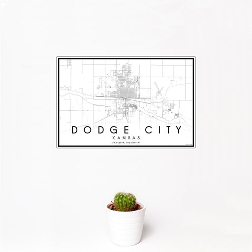 12x18 Dodge City Kansas Map Print Landscape Orientation in Classic Style With Small Cactus Plant in White Planter