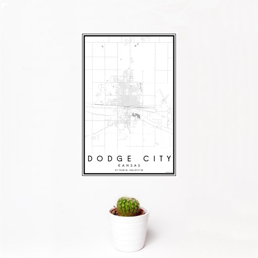12x18 Dodge City Kansas Map Print Portrait Orientation in Classic Style With Small Cactus Plant in White Planter