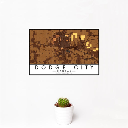12x18 Dodge City Kansas Map Print Landscape Orientation in Ember Style With Small Cactus Plant in White Planter