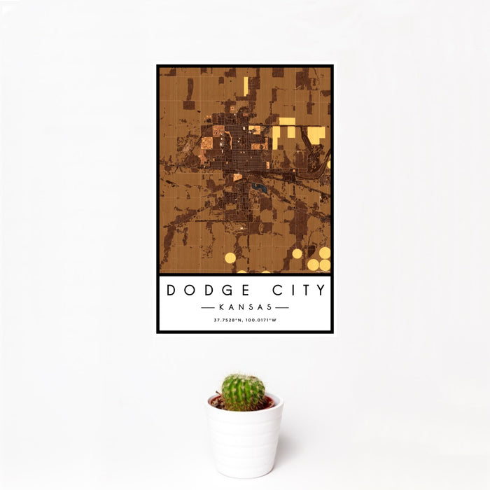 12x18 Dodge City Kansas Map Print Portrait Orientation in Ember Style With Small Cactus Plant in White Planter