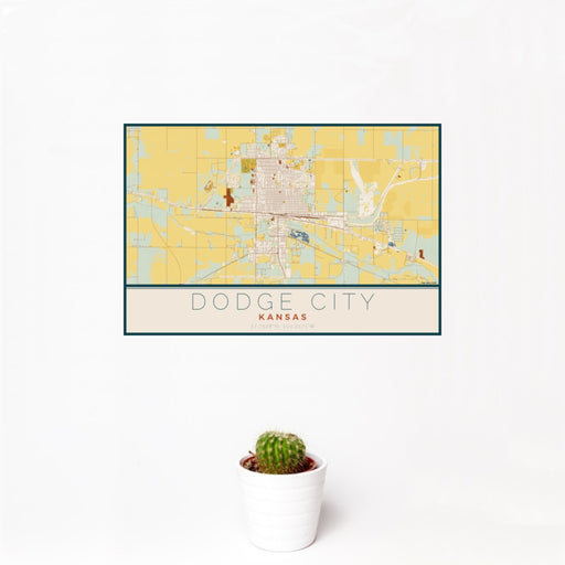 12x18 Dodge City Kansas Map Print Landscape Orientation in Woodblock Style With Small Cactus Plant in White Planter