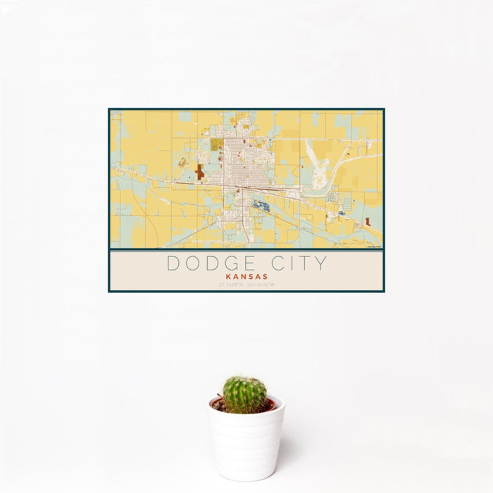 12x18 Dodge City Kansas Map Print Landscape Orientation in Woodblock Style With Small Cactus Plant in White Planter