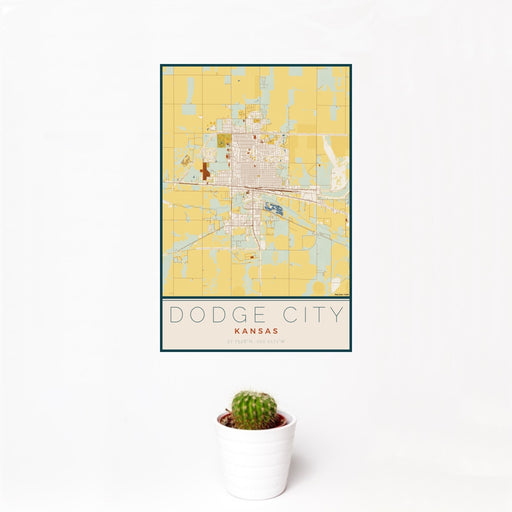 12x18 Dodge City Kansas Map Print Portrait Orientation in Woodblock Style With Small Cactus Plant in White Planter