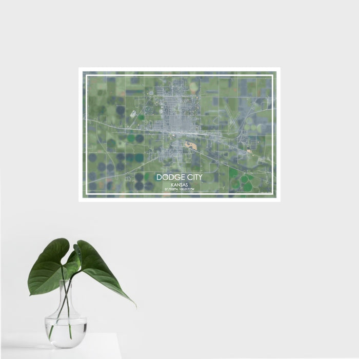 16x24 Dodge City Kansas Map Print Landscape Orientation in Afternoon Style With Tropical Plant Leaves in Water