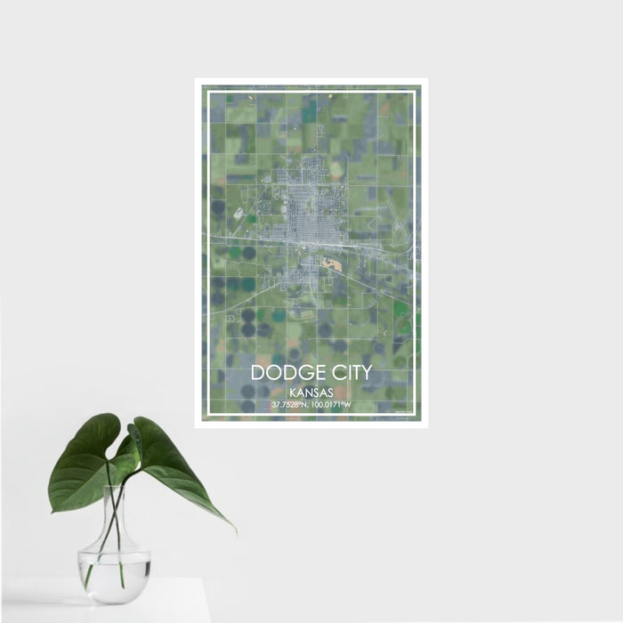 16x24 Dodge City Kansas Map Print Portrait Orientation in Afternoon Style With Tropical Plant Leaves in Water