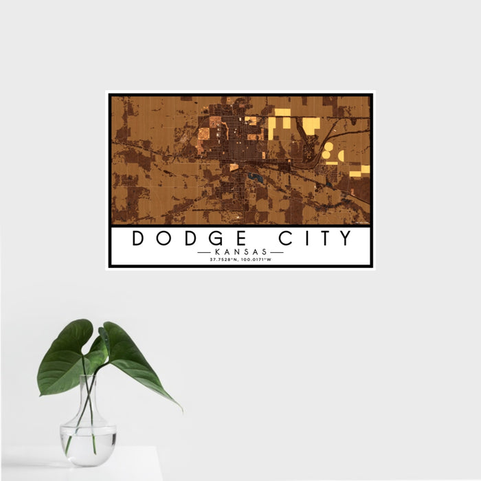 16x24 Dodge City Kansas Map Print Landscape Orientation in Ember Style With Tropical Plant Leaves in Water