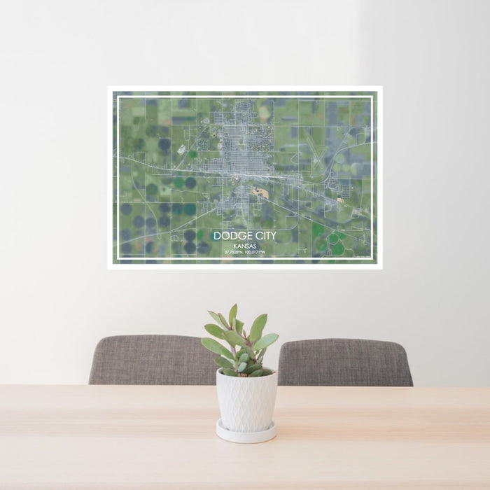 24x36 Dodge City Kansas Map Print Lanscape Orientation in Afternoon Style Behind 2 Chairs Table and Potted Plant