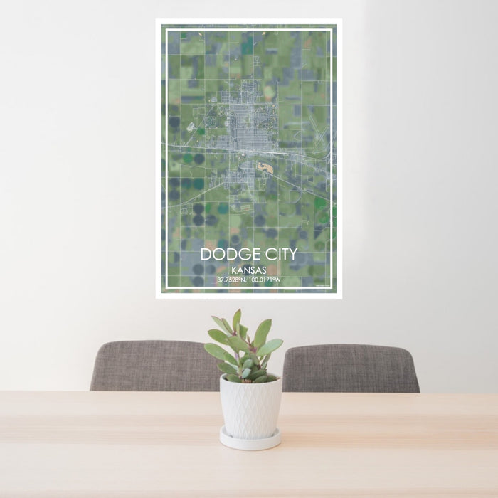 24x36 Dodge City Kansas Map Print Portrait Orientation in Afternoon Style Behind 2 Chairs Table and Potted Plant