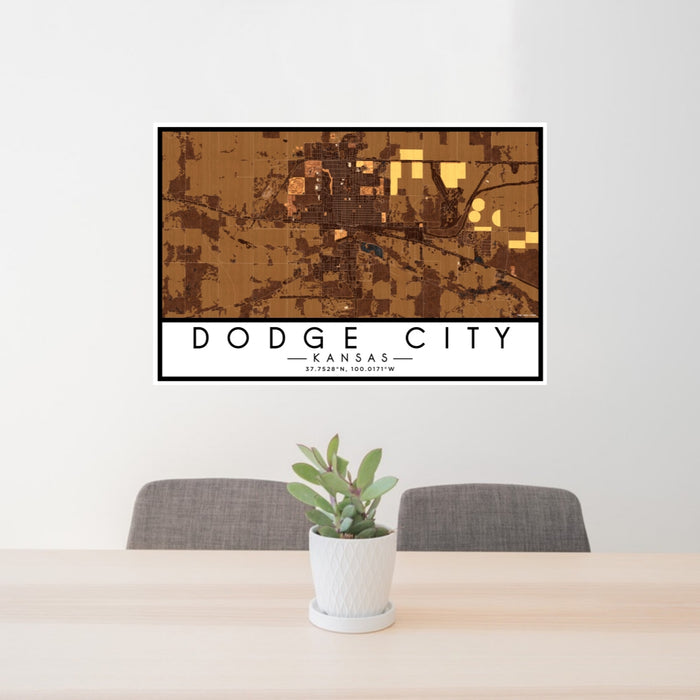 24x36 Dodge City Kansas Map Print Lanscape Orientation in Ember Style Behind 2 Chairs Table and Potted Plant