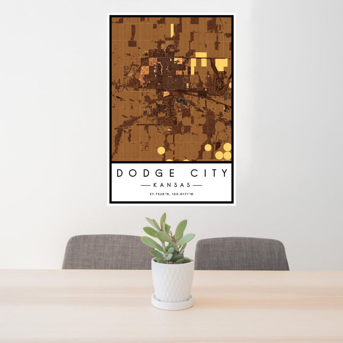 24x36 Dodge City Kansas Map Print Portrait Orientation in Ember Style Behind 2 Chairs Table and Potted Plant