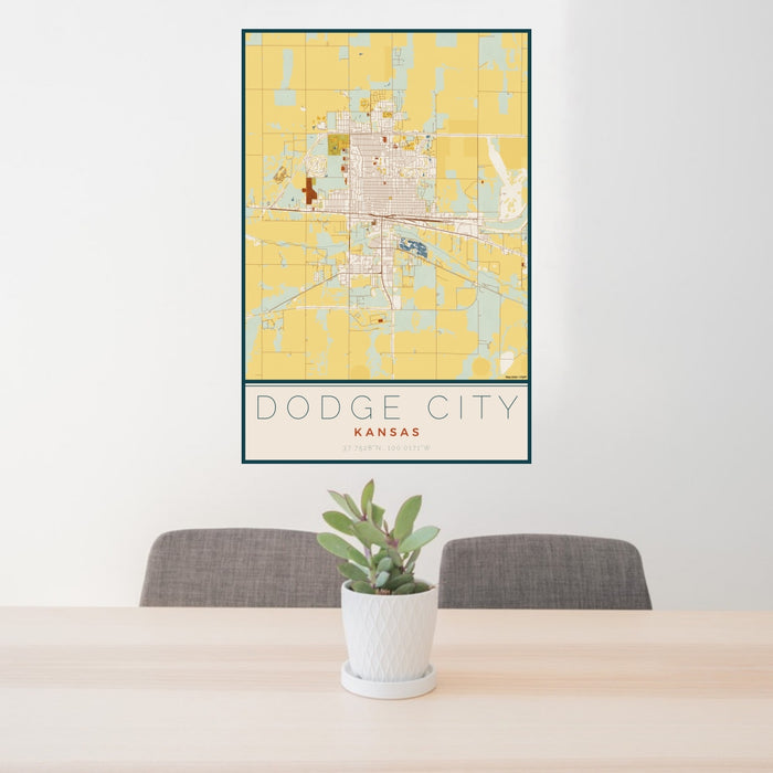 24x36 Dodge City Kansas Map Print Portrait Orientation in Woodblock Style Behind 2 Chairs Table and Potted Plant