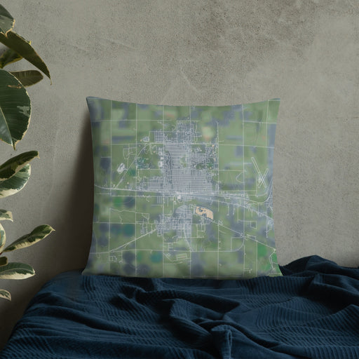 Custom Dodge City Kansas Map Throw Pillow in Afternoon on Bedding Against Wall