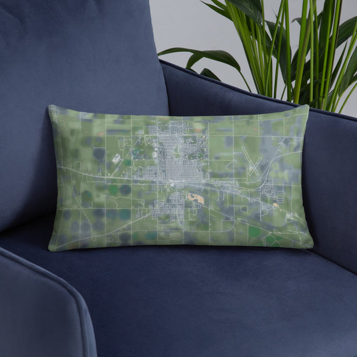 Custom Dodge City Kansas Map Throw Pillow in Afternoon on Blue Colored Chair