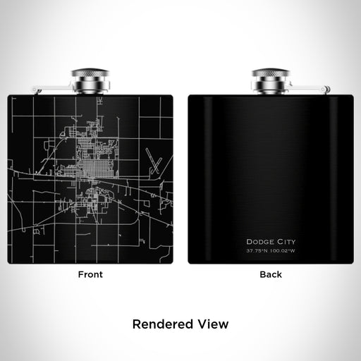 Rendered View of Dodge City Kansas Map Engraving on 6oz Stainless Steel Flask in Black