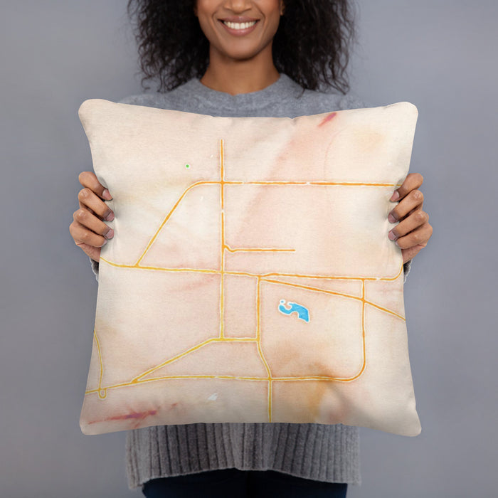 Person holding 18x18 Custom Dodge City Kansas Map Throw Pillow in Watercolor