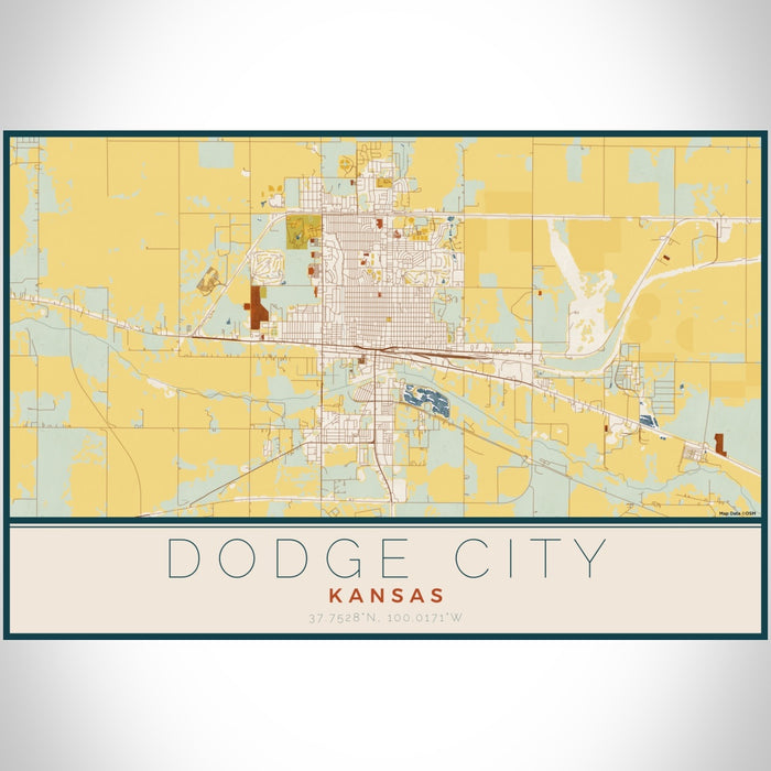 Dodge City Kansas Map Print Landscape Orientation in Woodblock Style With Shaded Background