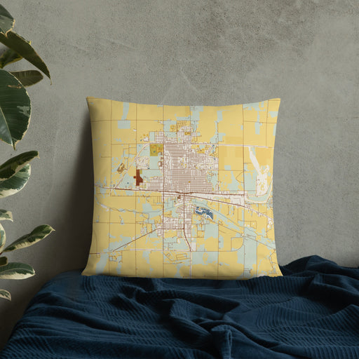 Custom Dodge City Kansas Map Throw Pillow in Woodblock on Bedding Against Wall