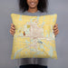 Person holding 18x18 Custom Dodge City Kansas Map Throw Pillow in Woodblock
