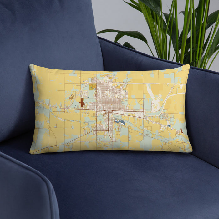 Custom Dodge City Kansas Map Throw Pillow in Woodblock on Blue Colored Chair