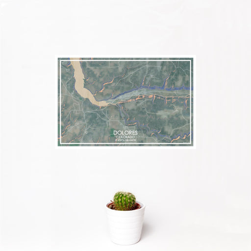 12x18 Dolores Colorado Map Print Landscape Orientation in Afternoon Style With Small Cactus Plant in White Planter