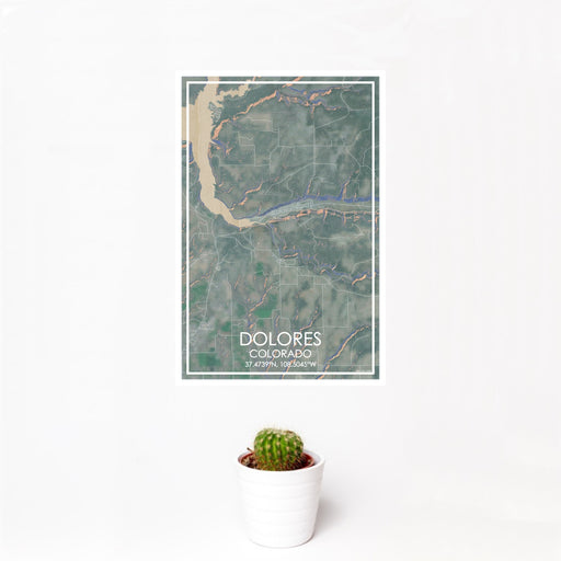 12x18 Dolores Colorado Map Print Portrait Orientation in Afternoon Style With Small Cactus Plant in White Planter