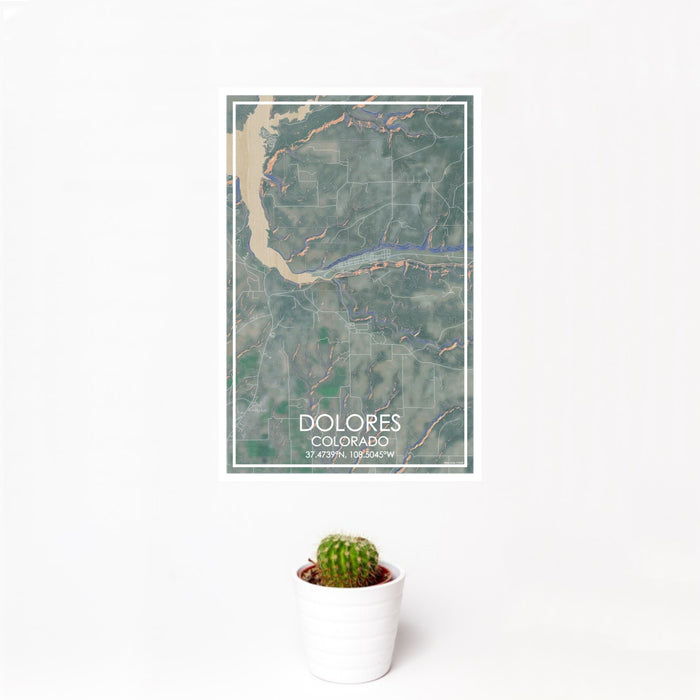 12x18 Dolores Colorado Map Print Portrait Orientation in Afternoon Style With Small Cactus Plant in White Planter