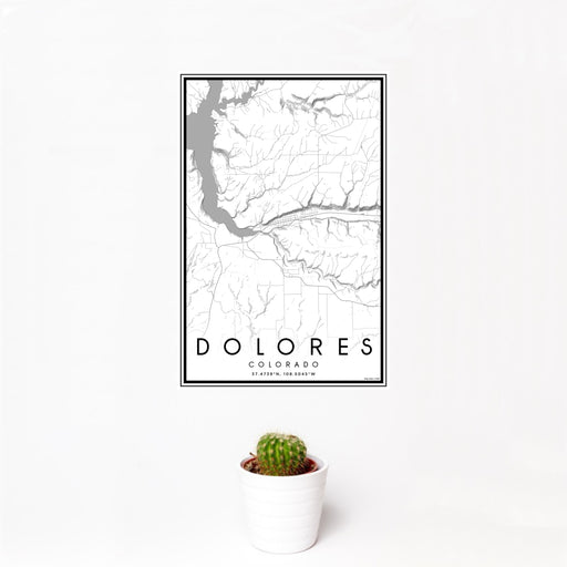 12x18 Dolores Colorado Map Print Portrait Orientation in Classic Style With Small Cactus Plant in White Planter