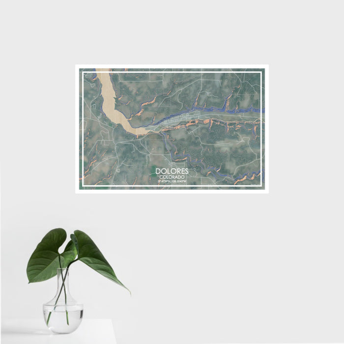 16x24 Dolores Colorado Map Print Landscape Orientation in Afternoon Style With Tropical Plant Leaves in Water