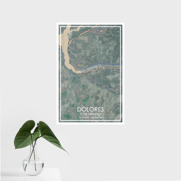 16x24 Dolores Colorado Map Print Portrait Orientation in Afternoon Style With Tropical Plant Leaves in Water