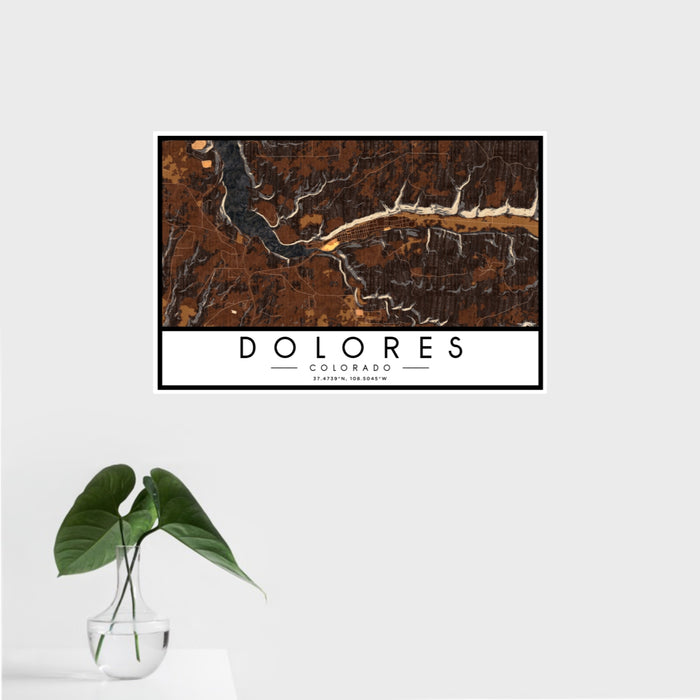 16x24 Dolores Colorado Map Print Landscape Orientation in Ember Style With Tropical Plant Leaves in Water
