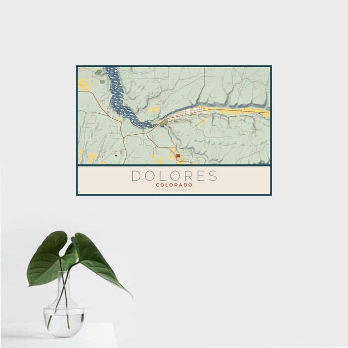 16x24 Dolores Colorado Map Print Landscape Orientation in Woodblock Style With Tropical Plant Leaves in Water