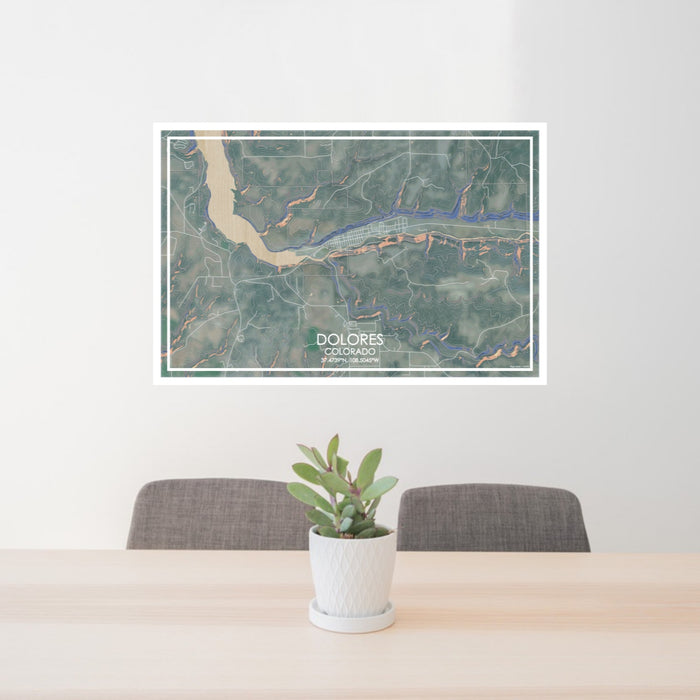 24x36 Dolores Colorado Map Print Lanscape Orientation in Afternoon Style Behind 2 Chairs Table and Potted Plant