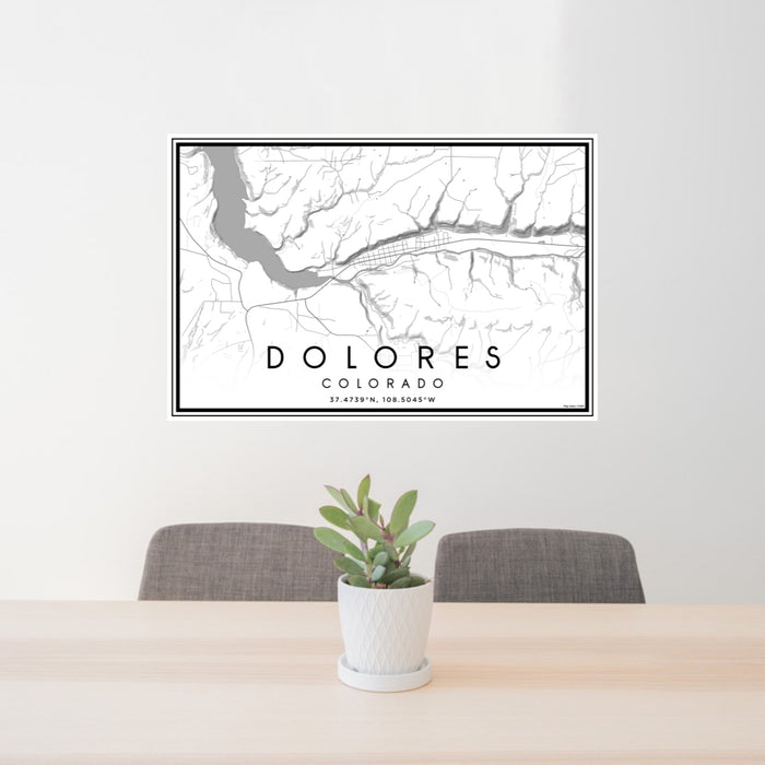 24x36 Dolores Colorado Map Print Lanscape Orientation in Classic Style Behind 2 Chairs Table and Potted Plant