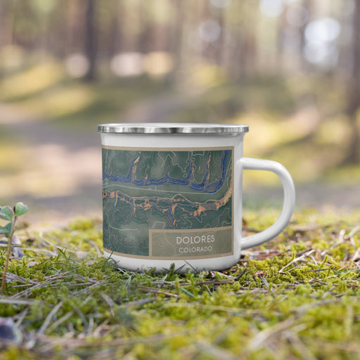 Right View Custom Dolores Colorado Map Enamel Mug in Afternoon on Grass With Trees in Background