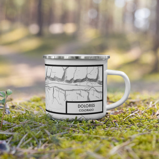 Right View Custom Dolores Colorado Map Enamel Mug in Classic on Grass With Trees in Background