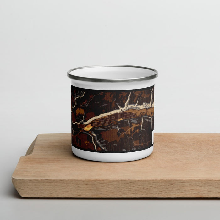 Front View Custom Dolores Colorado Map Enamel Mug in Ember on Cutting Board