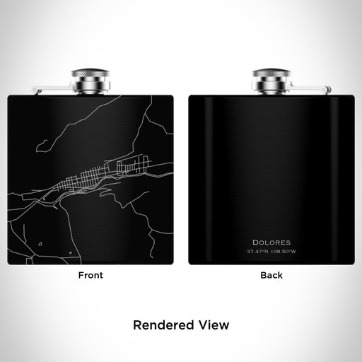 Rendered View of Dolores Colorado Map Engraving on 6oz Stainless Steel Flask in Black