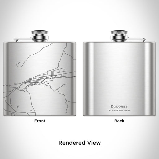 Rendered View of Dolores Colorado Map Engraving on 6oz Stainless Steel Flask