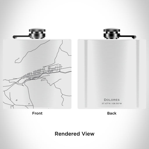 Rendered View of Dolores Colorado Map Engraving on 6oz Stainless Steel Flask in White