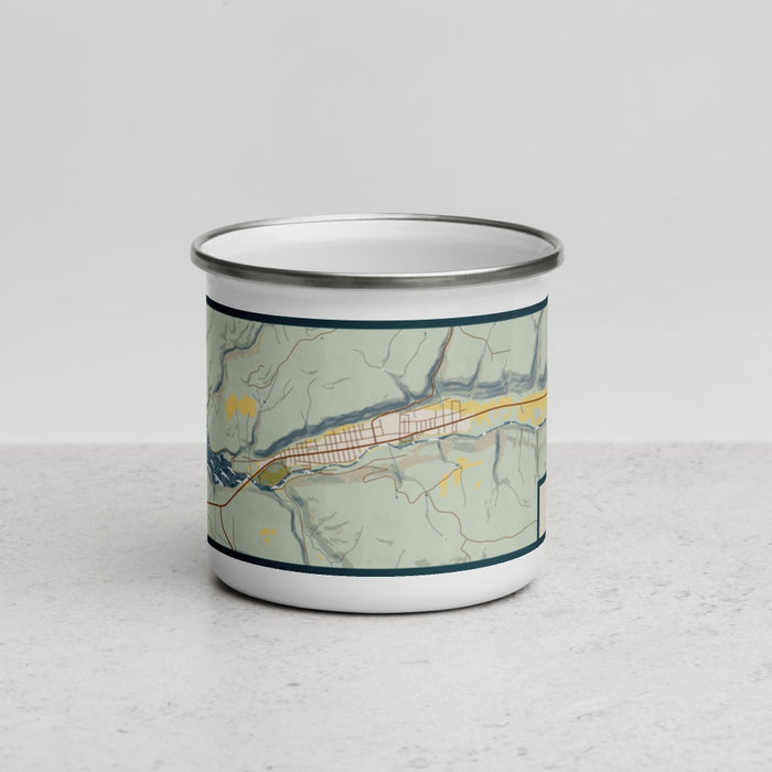 Front View Custom Dolores Colorado Map Enamel Mug in Woodblock
